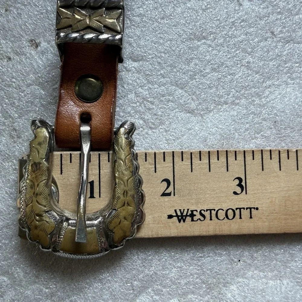 Vintage‎ Handmade 70s Leather Belt Women L Brown Alpaca Mexico Buckle Southwest
